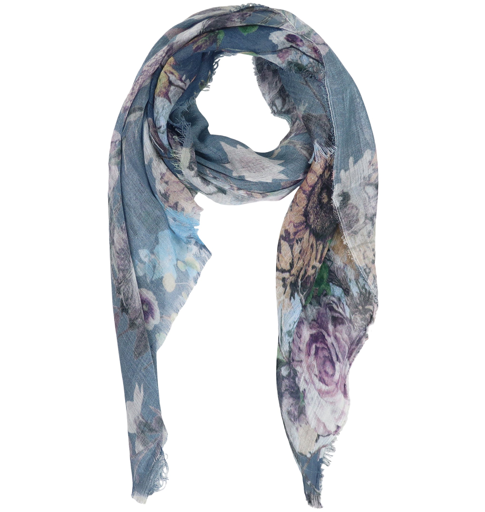 Blue Pacific Floral Micromodal and Silk Neckerchief Scarf in Folkstone