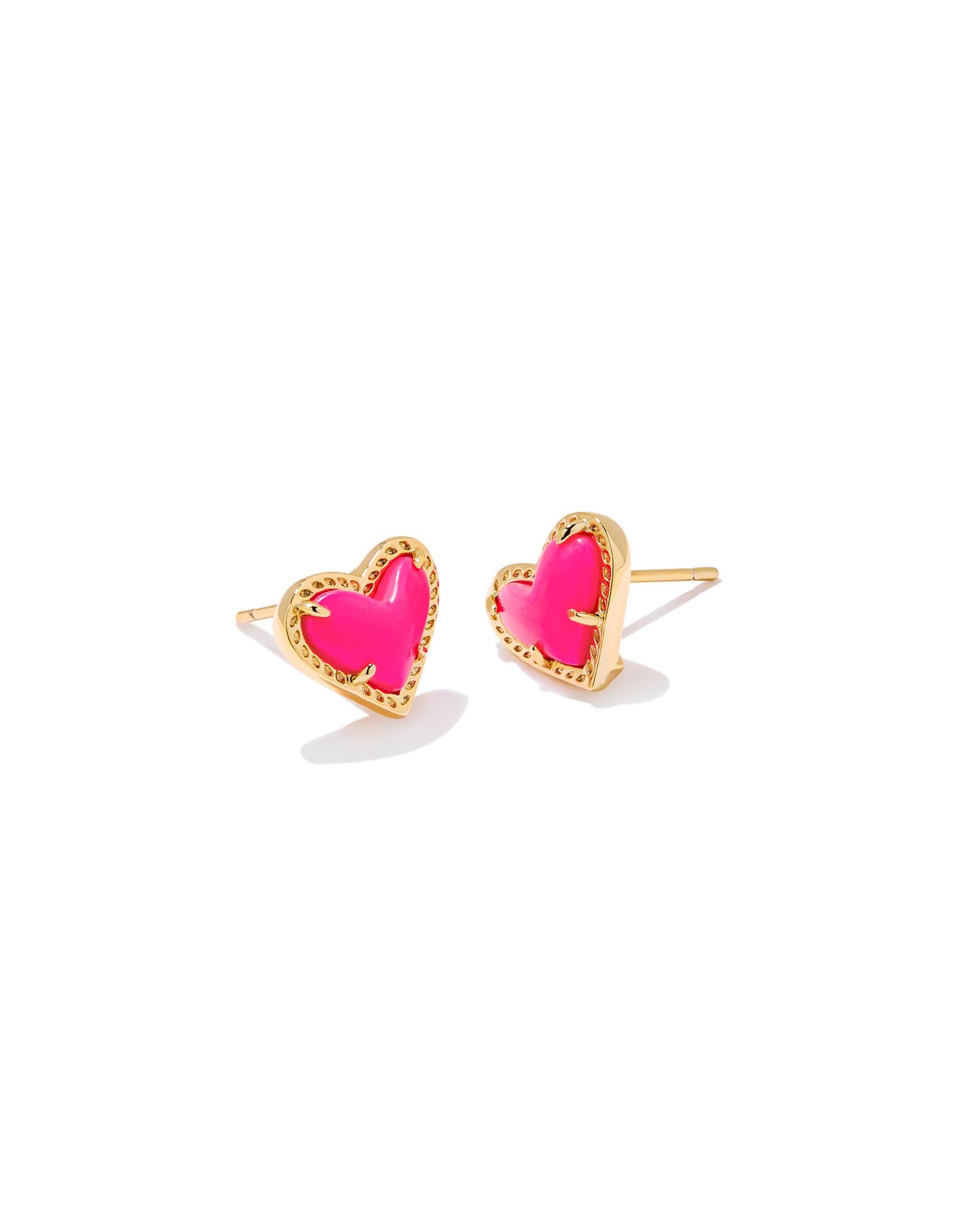 Kendra Scott Ari Heart Stud Earrings in Neon Pink Magnesite and Gold Plated