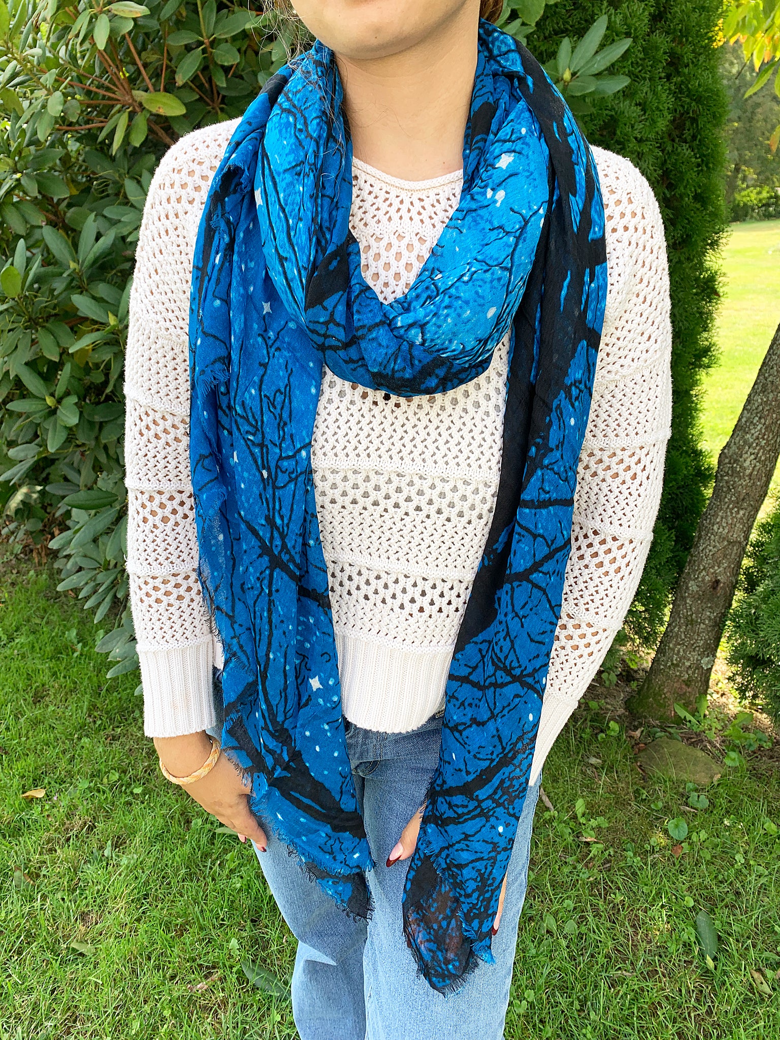 Blue Pacific Cashmere and Silk Sky and Tree Print Scarf in Cobalt Blue