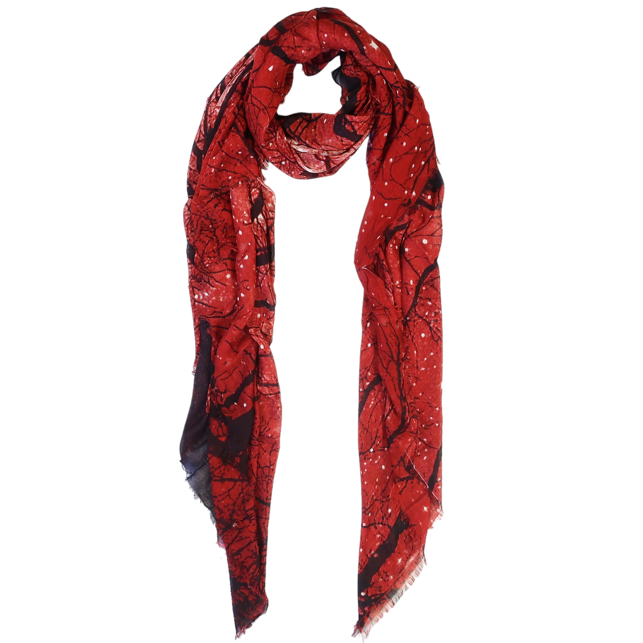 Blue Pacific Cashmere and Silk Sky and Tree Print Scarf in Marsala Red
