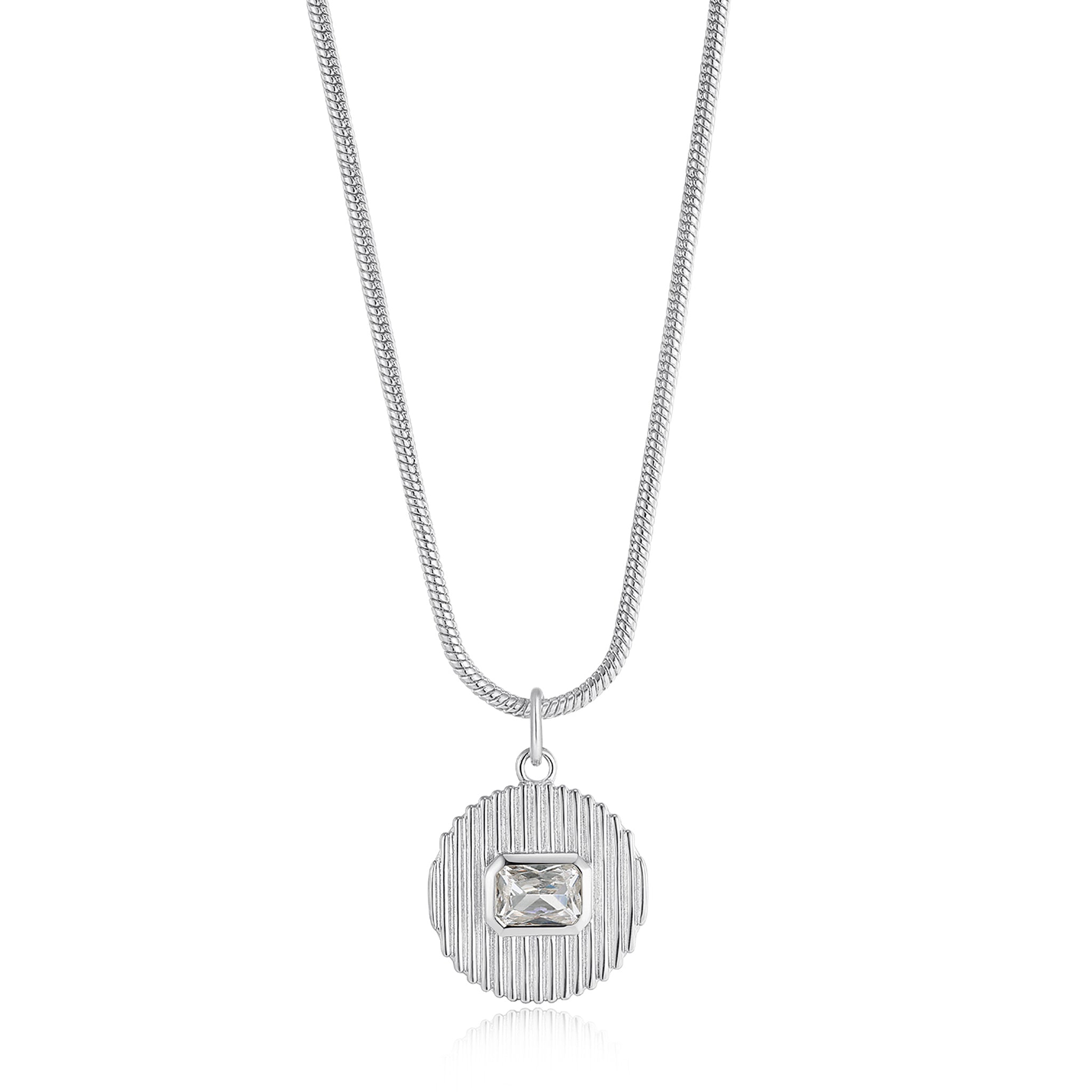 Luv Aj Le Signe Round Pendant Necklace with Bezel Set CZ in Rhodium Plated