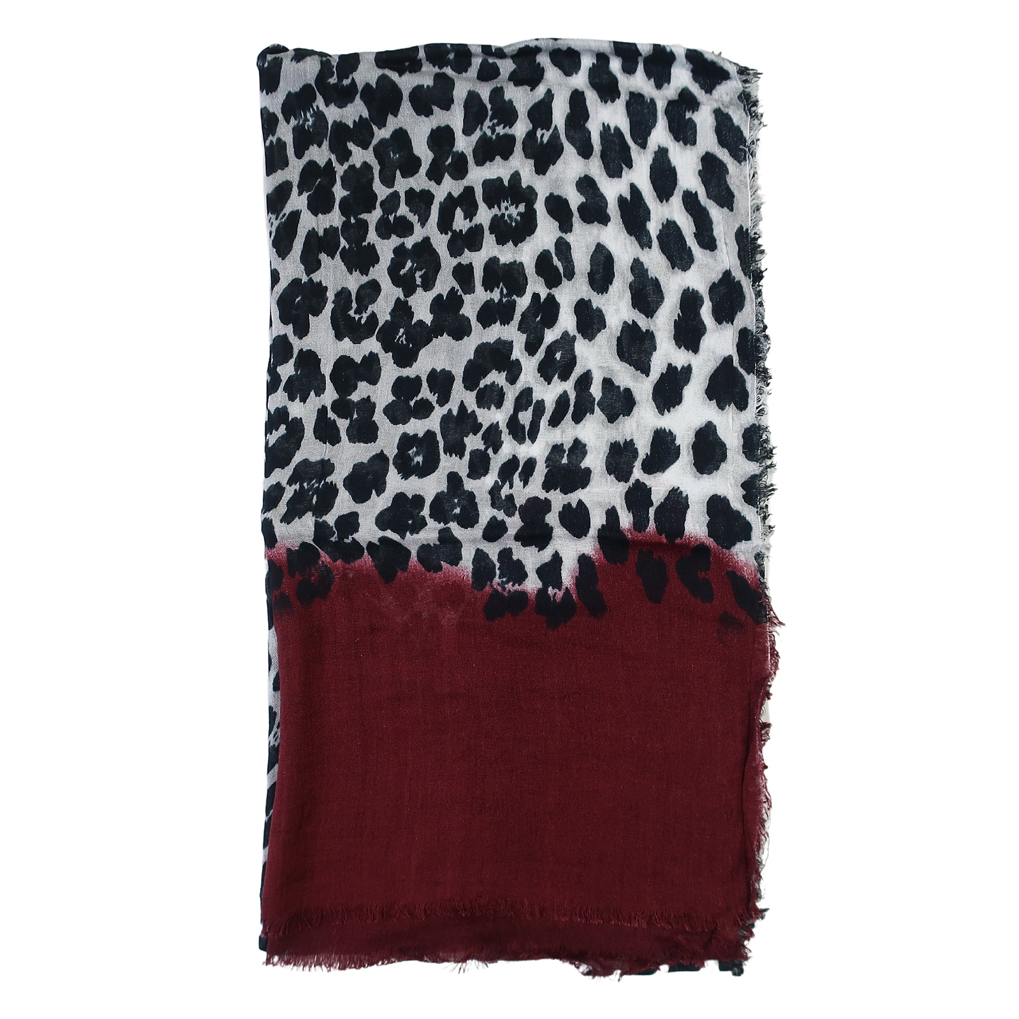 Blue Pacific Animal Print Cashmere Silk Scarf in Burgundy and Snow 78 x 22