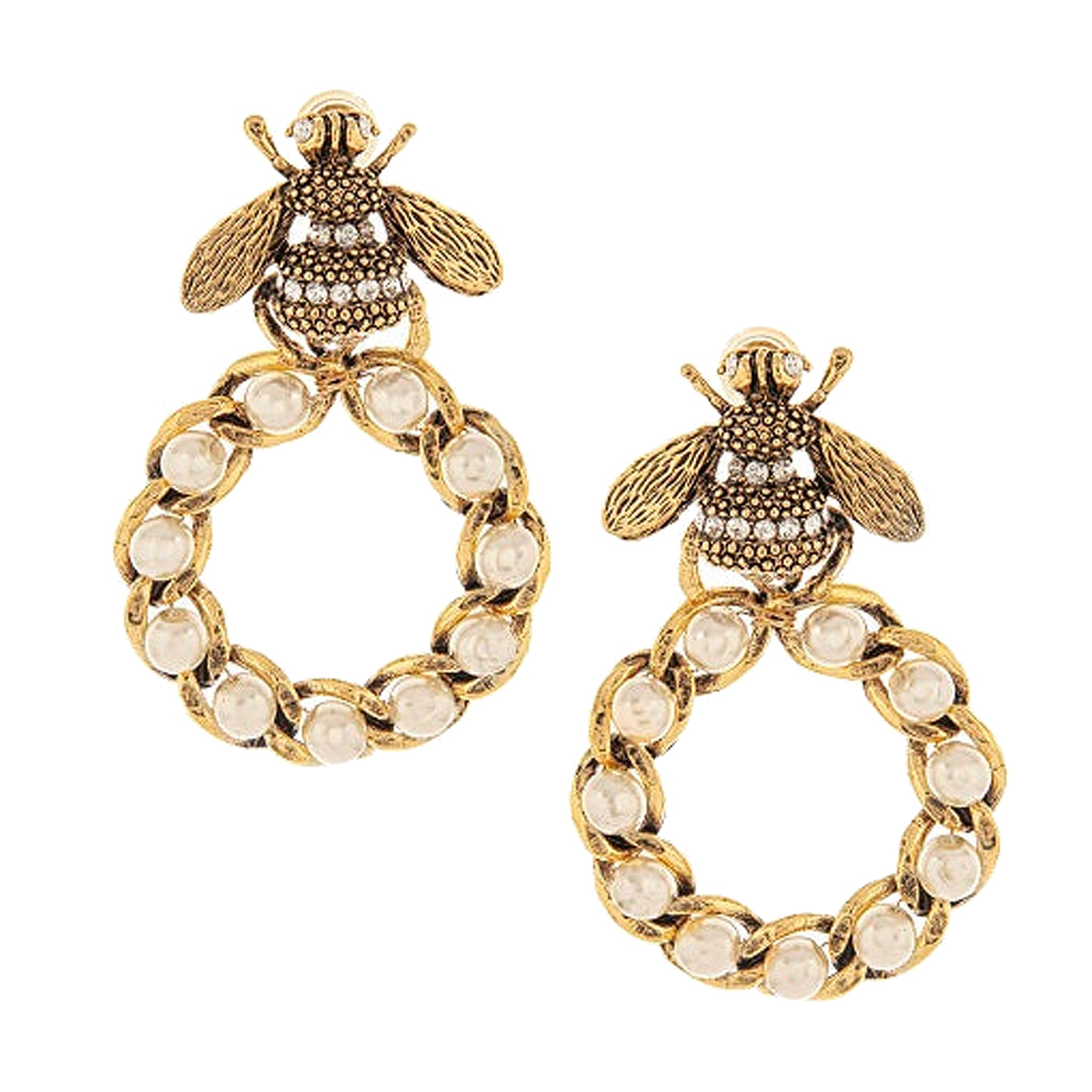 Yochi NY Gigi Bumble Bee Front Facing Pearl Large Hoop Earrings in 22k Gold