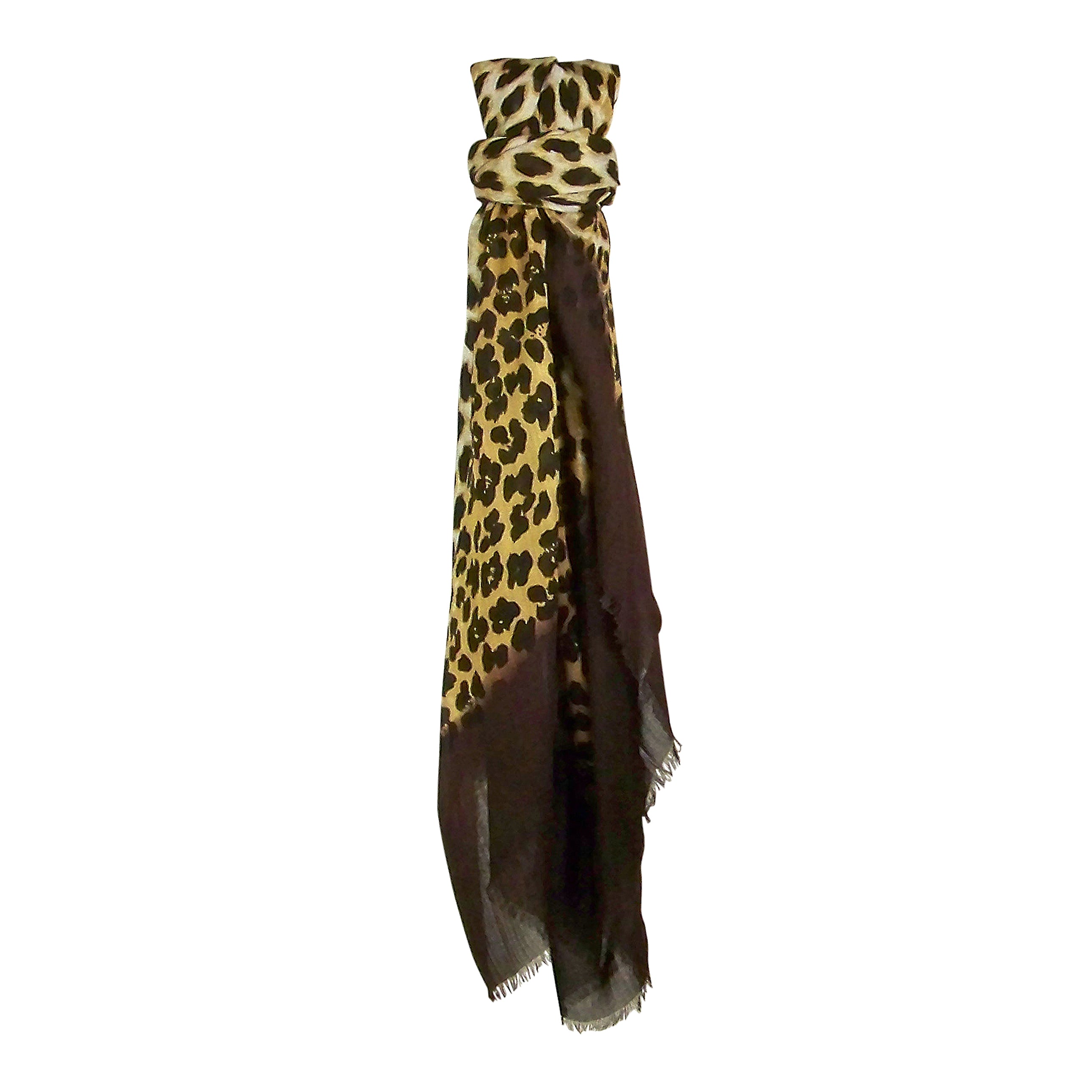 Blue Pacific Animal Print Dip Cashmere and Silk Scarf in Coffee and Tan 78 x 22