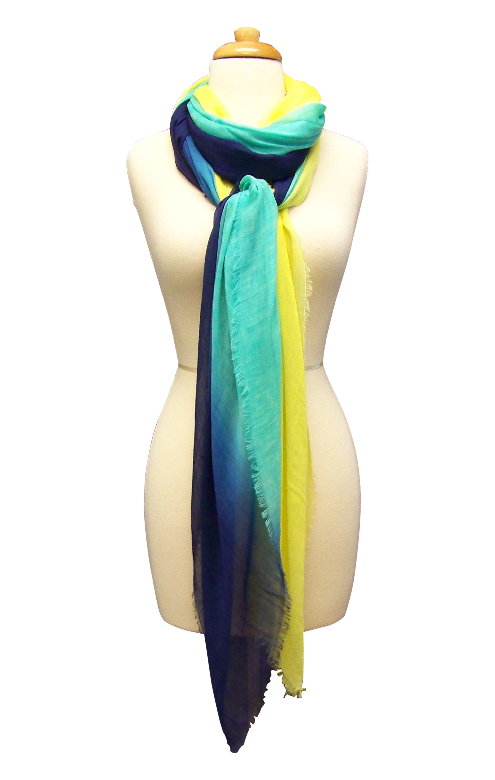 Mannequin Wearing Blue Pacific Dream Cashmere and Silk Scarf in Navy Bright Turquoise Yellow