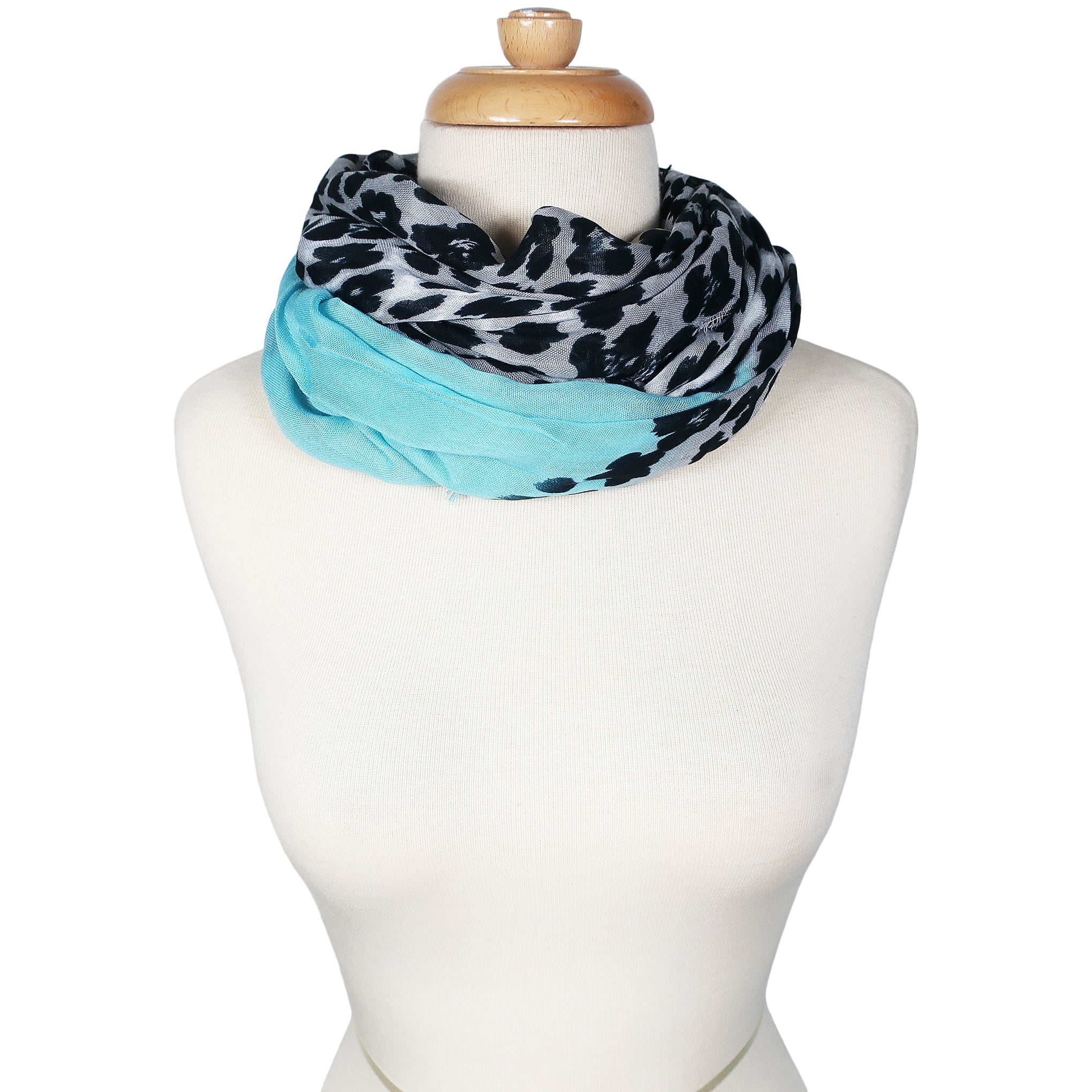 Blue Pacific Animal Print Cashmere Silk Scarf in Aqua Blue and Snow 78 x 22