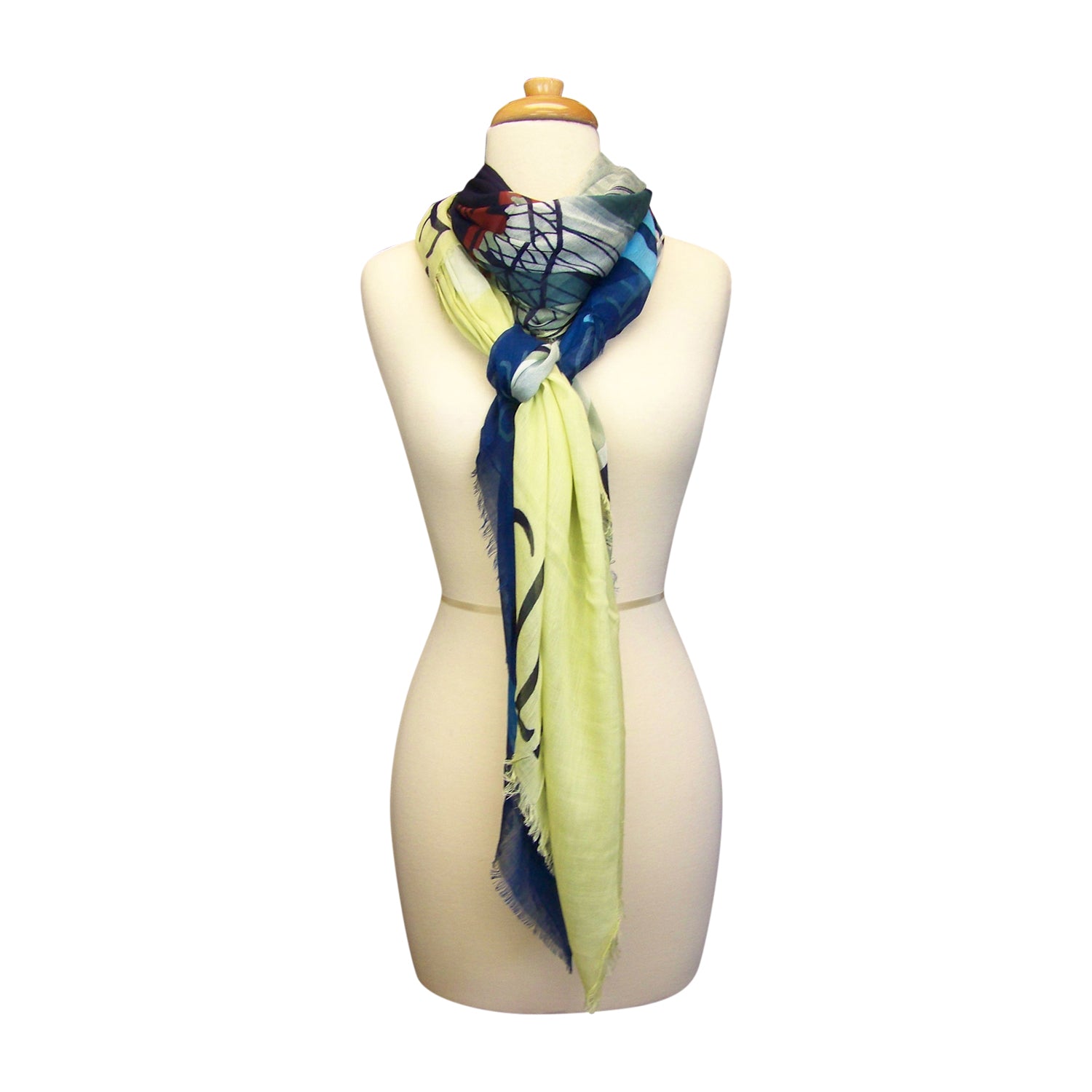Mannequin Wearing Blue Pacific Brooklyn Bridge New York Cashmere and Silk Scarf in Blue Yellow