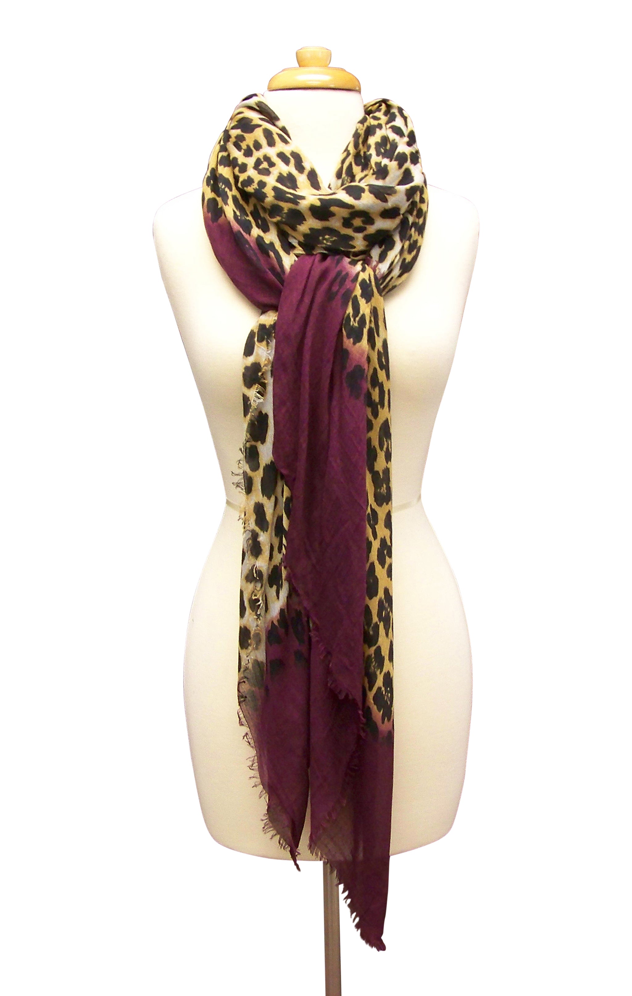 Mannequin Wearing Blue Pacific Animal Print Cashmere and Silk Scarf in Burgundy Brown Purple Fig and Tan