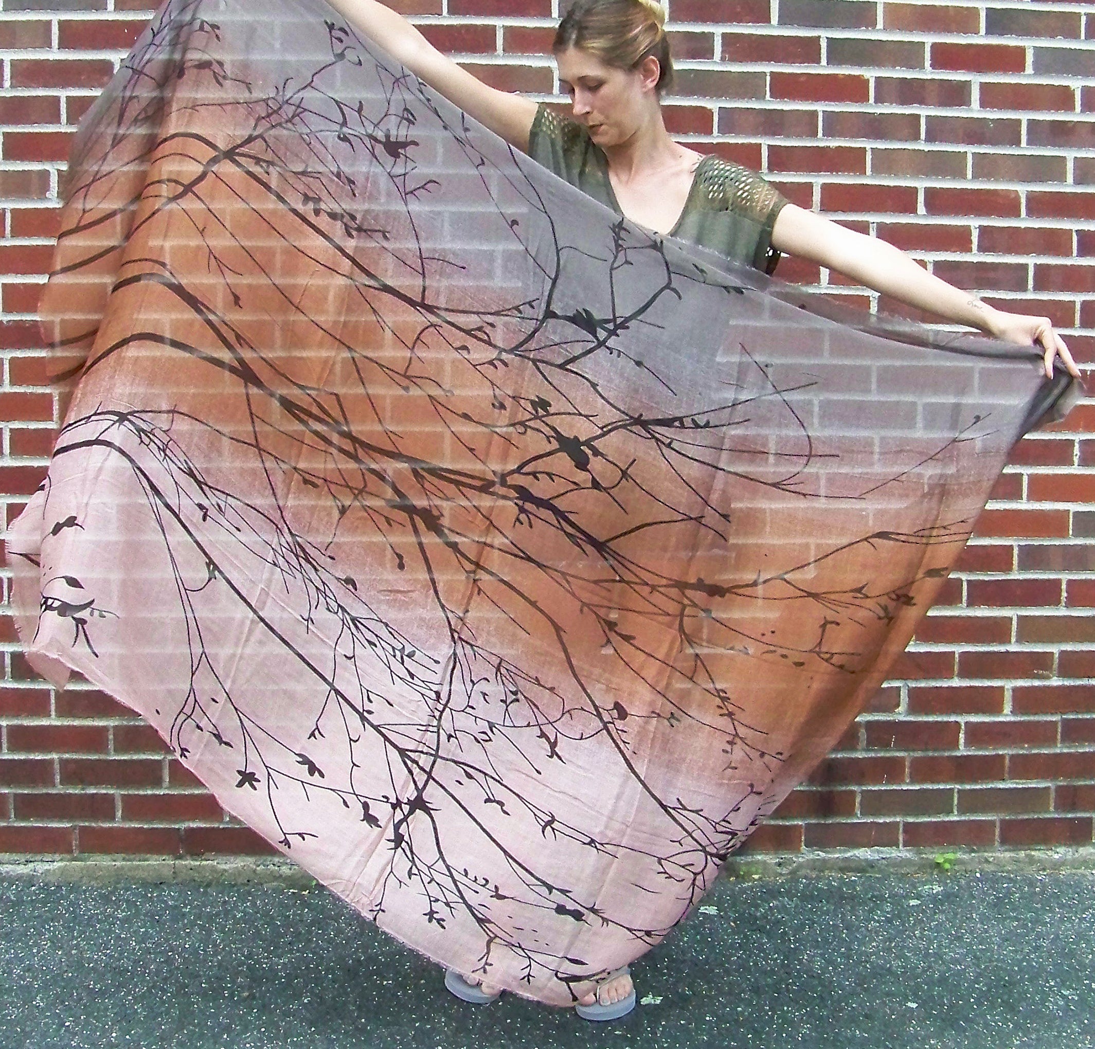 Blue Pacific Tree Print Cashmere and Silk Scarf in Taupe & Rust