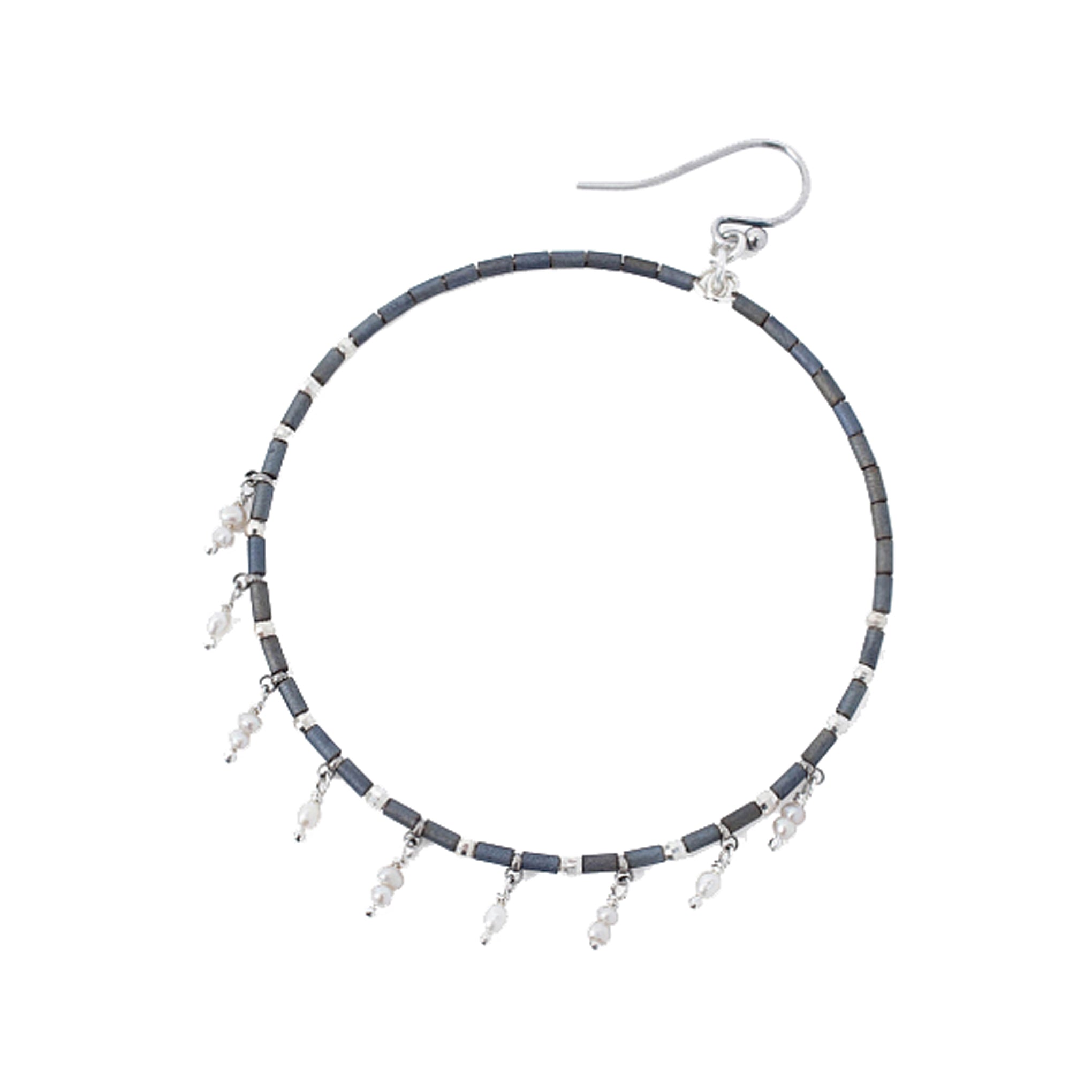 Chan Luu Silver Hoop Earrings in Gunmetal Seed Beads with Pearl Charms