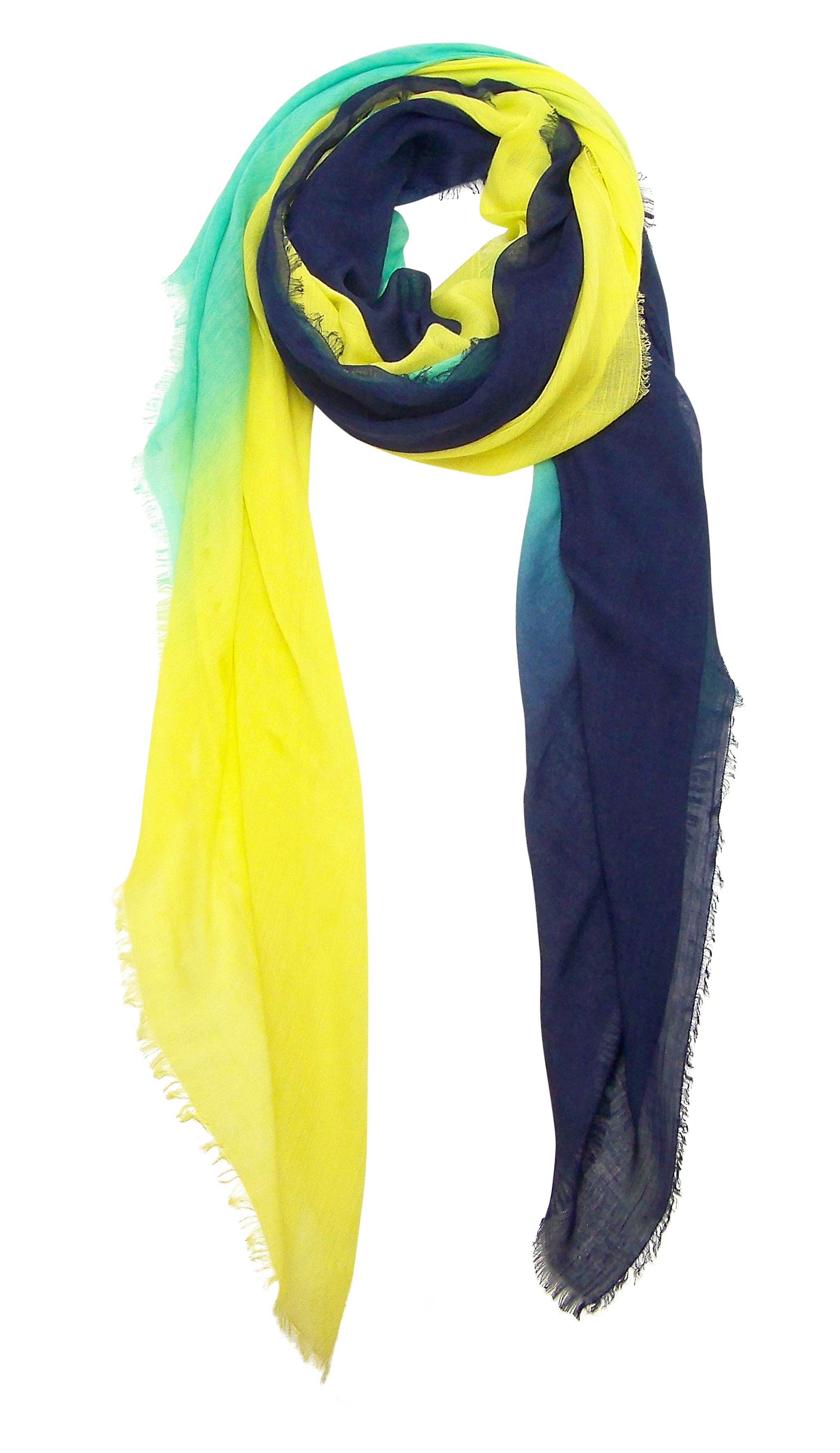 Primary Rolled Blue Pacific Dream Cashmere and Silk Scarf in Navy Bright Turquoise Yellow