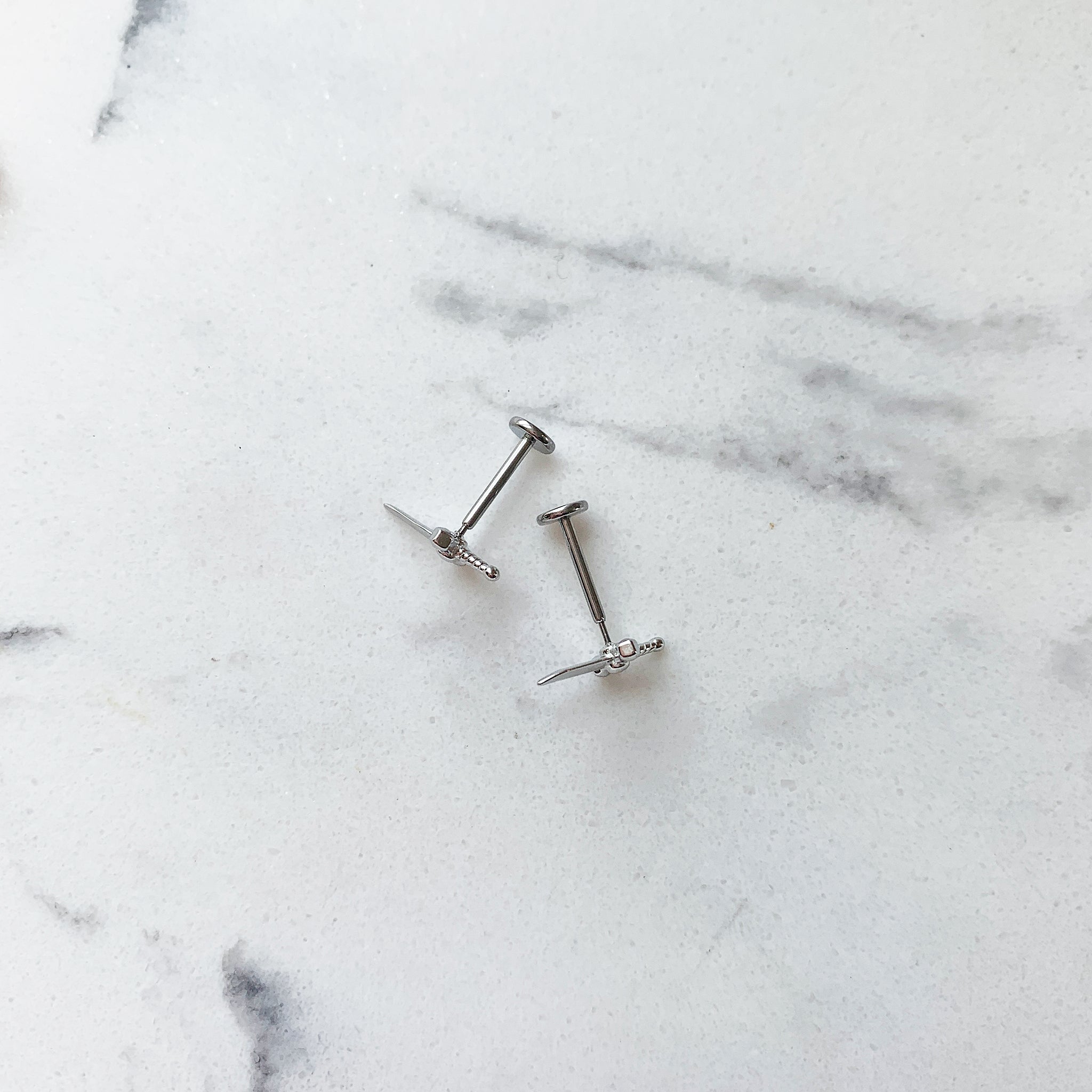 Luv Aj Dagger Flat Back Stud Earrings in Polished Rhodium Plated