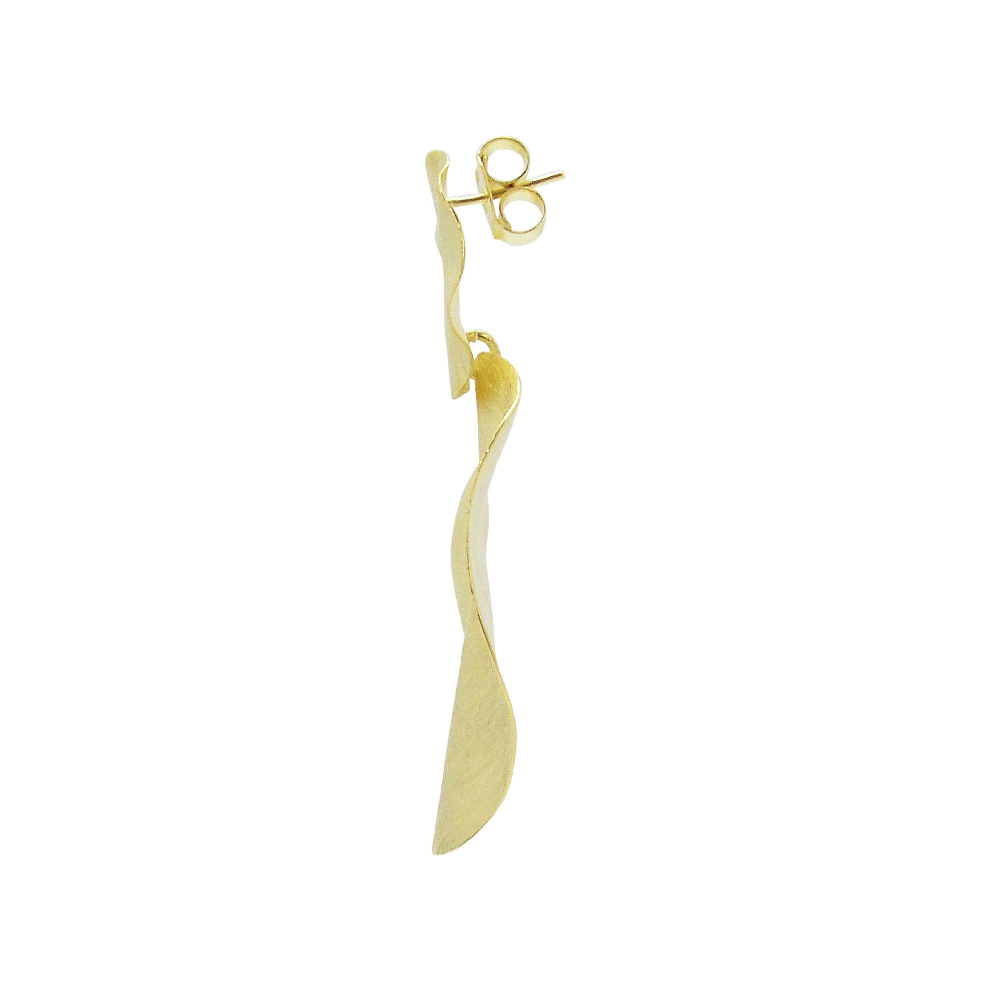 Side View of Sheila Fajl Isola Double Dangle Organic Earrings in Brushed Gold