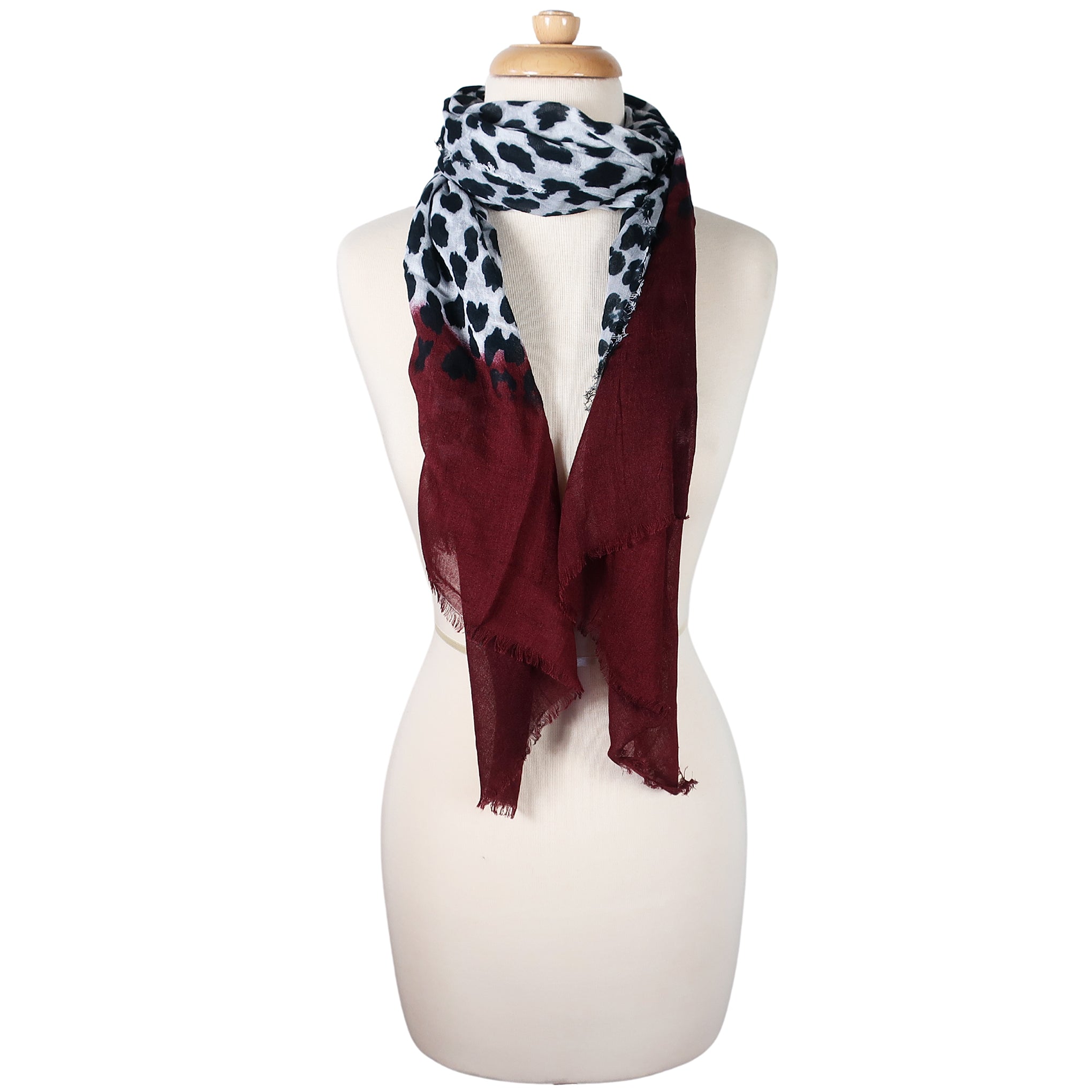 Blue Pacific Animal Print Cashmere Silk Scarf in Burgundy and Snow 78 x 22